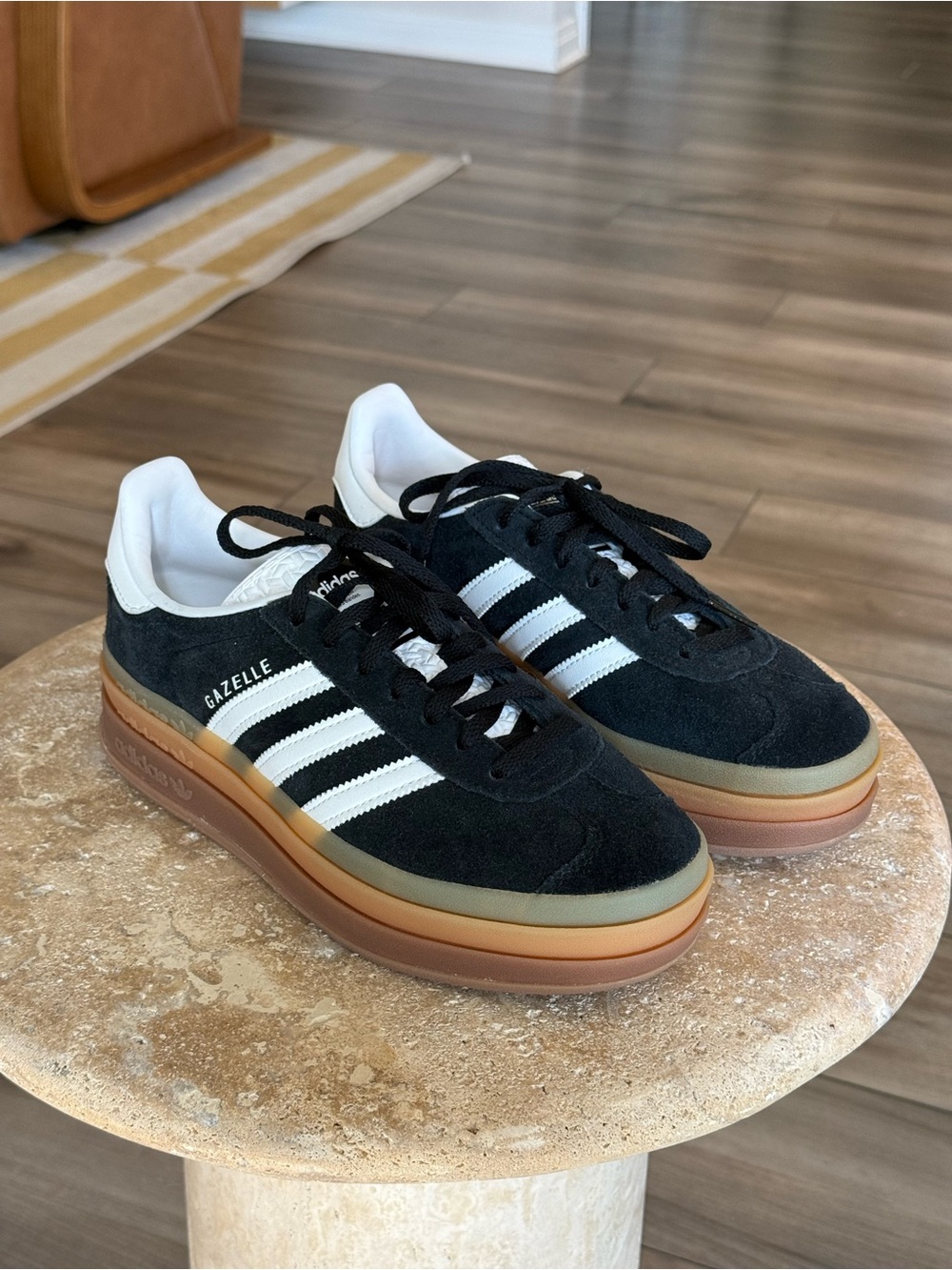 adidas Gazelle Black Suede Sneakers with White Stripes and Gum Platform